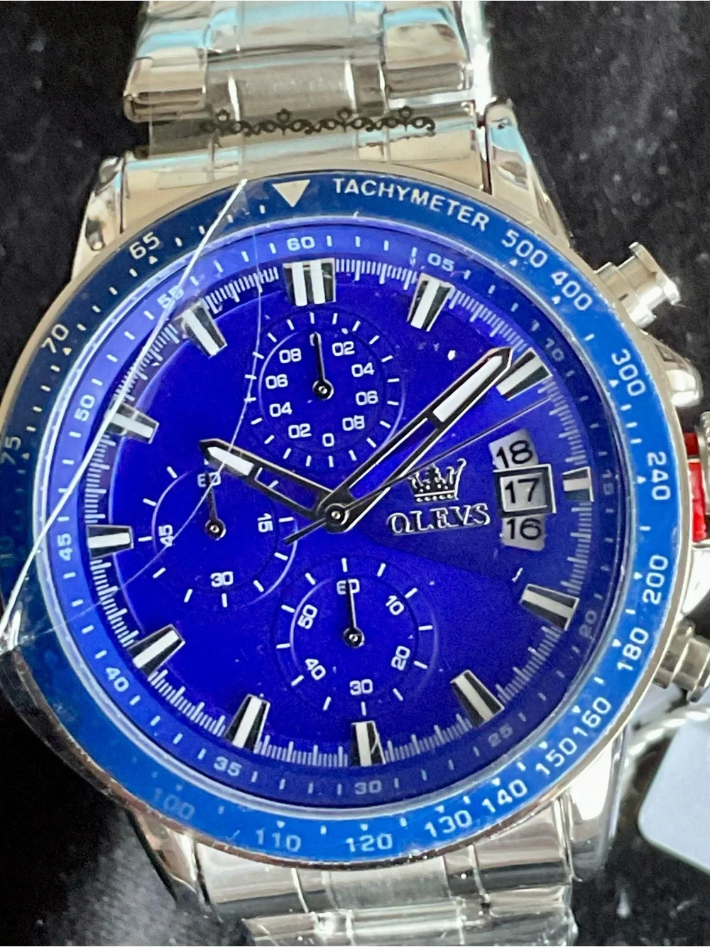 NIB OLEVS Men’s Blue Dial Stainless Steel Chronograph Watch Full Set
